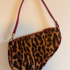 Vintage Dior Leopard Print Saddle Bag with Red Accents